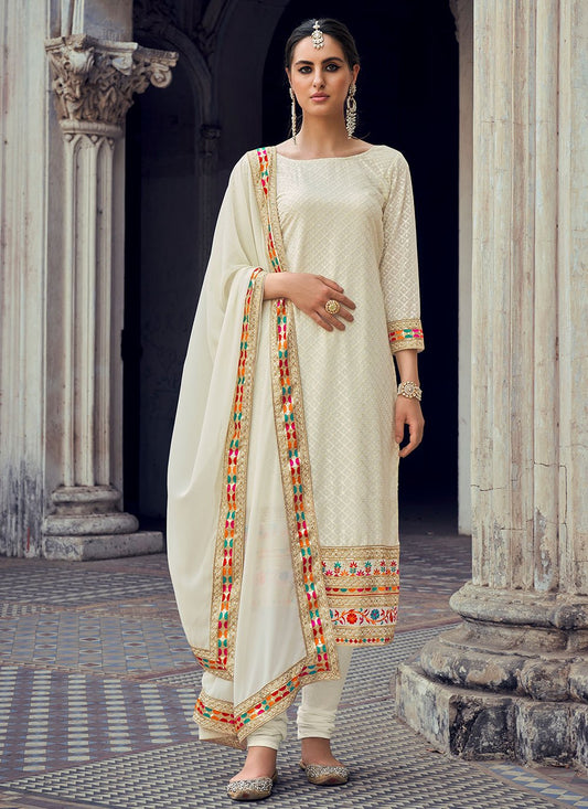 Straight Salwar Suit Georgette Off White Embroidered Salwar Kameez