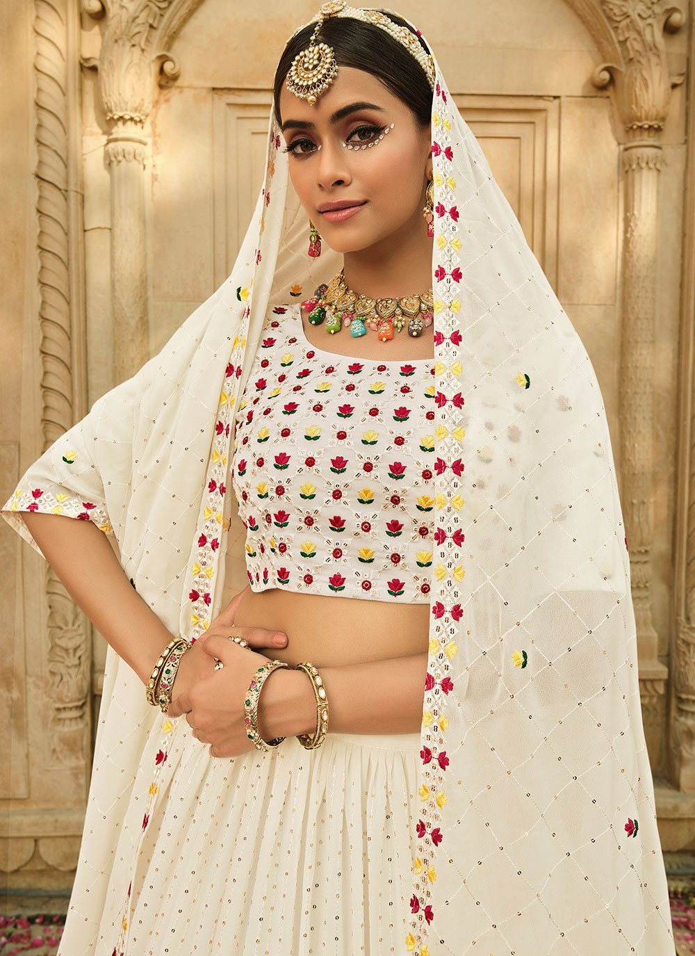 Lehenga Choli Georgette Off White Embroidered Lehenga Choli