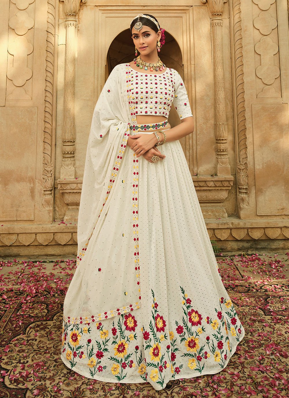 Lehenga Choli Georgette Off White Embroidered Lehenga Choli