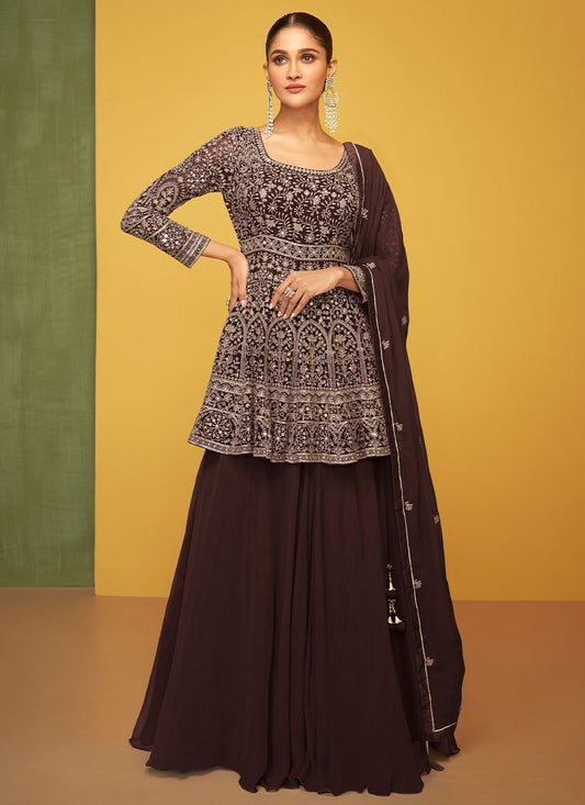 Salwar Suit Georgette Brown Embroidered Salwar Kameez