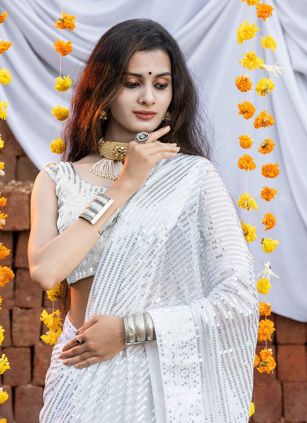 Georgette white saree sale