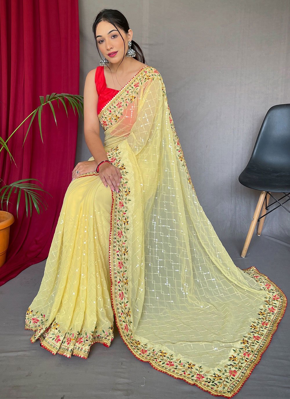 Contemporary Georgette Yellow Sequins Saree