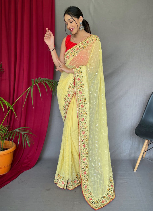 Contemporary Georgette Yellow Sequins Saree