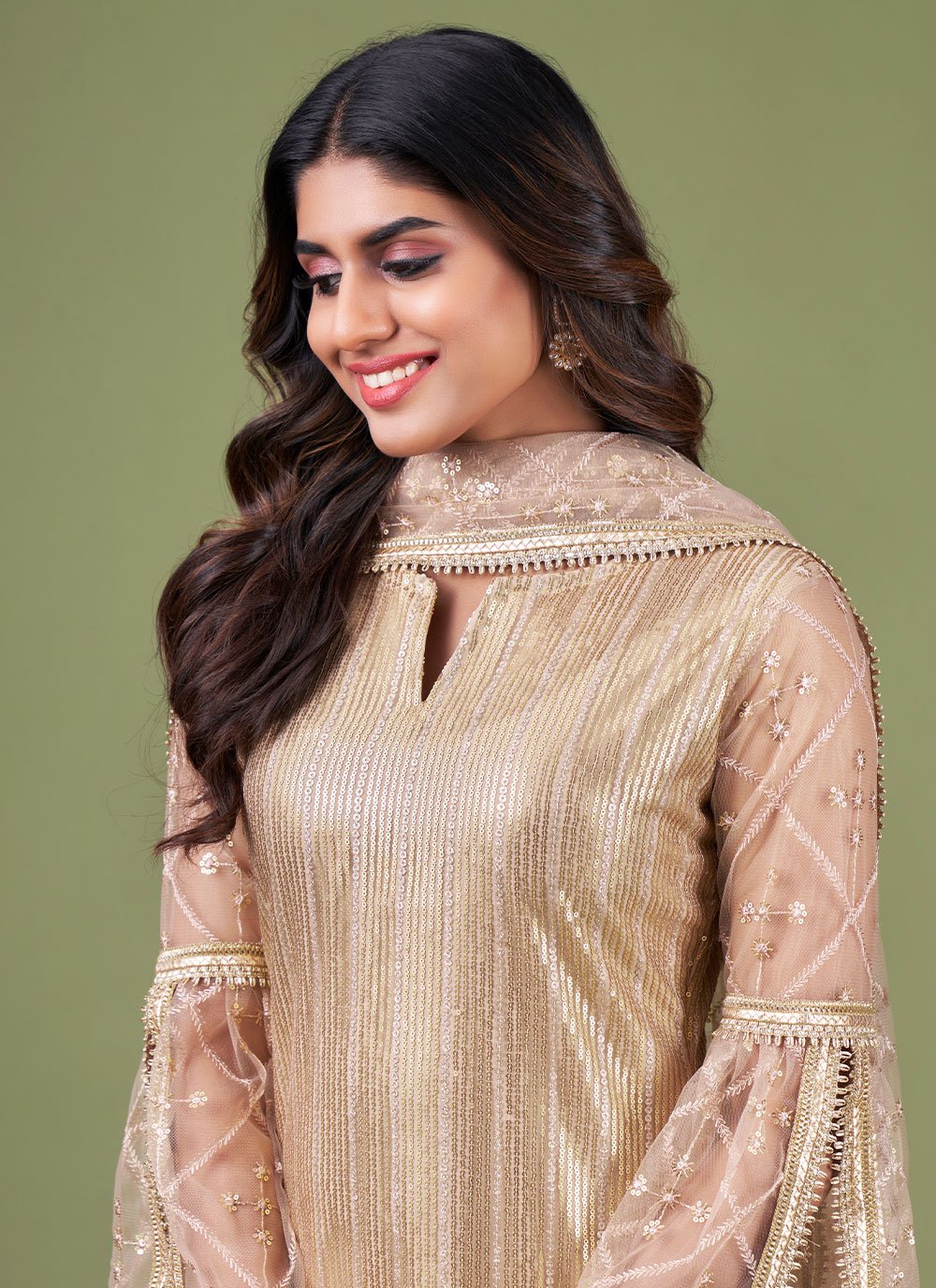 Straight Salwar Suit Net Gold Embroidered Salwar Kameez