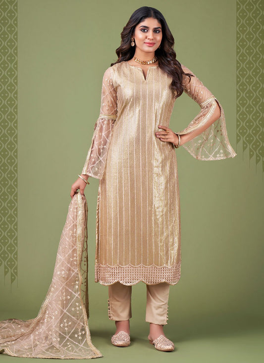 Straight Salwar Suit Net Gold Embroidered Salwar Kameez