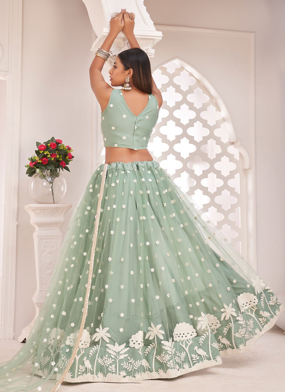 A Line Lehenga Net Green Embroidered Lehenga Choli