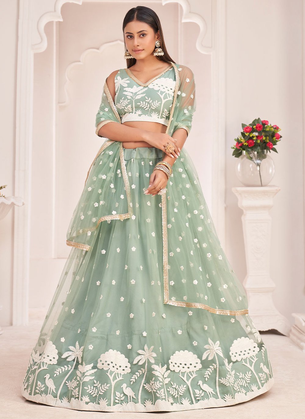 A Line Lehenga Net Green Embroidered Lehenga Choli