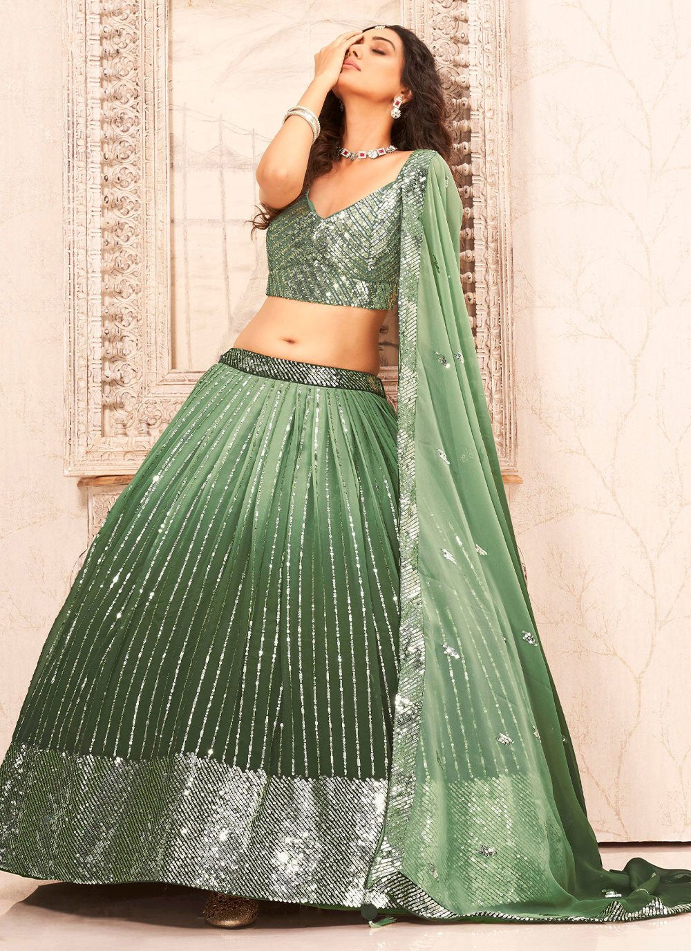 Lehenga Choli Faux Georgette Green Sequins Lehenga Choli