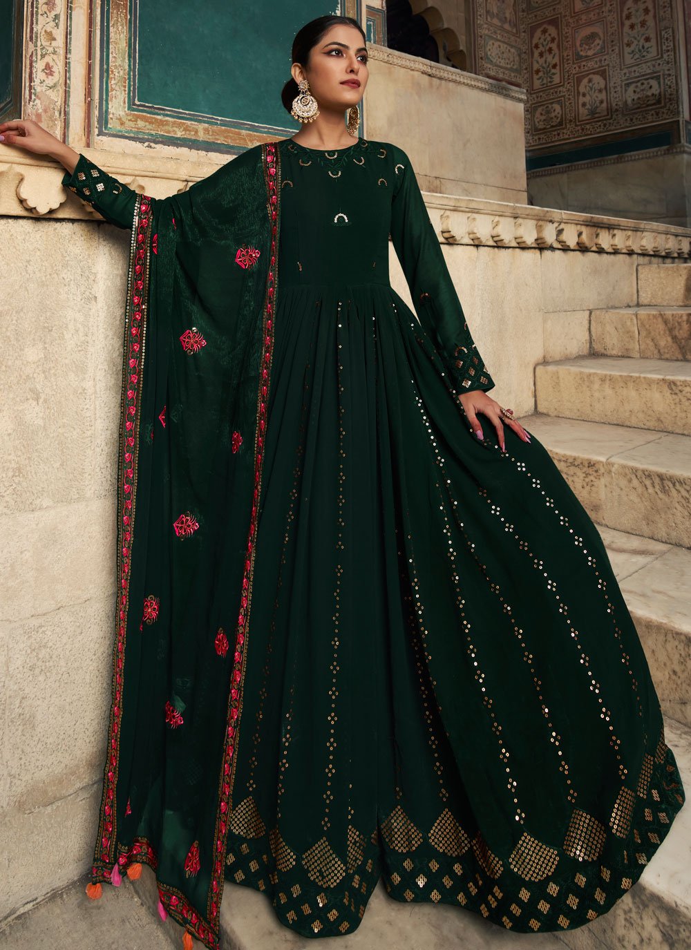 Gown Georgette Green Embroidered Gown