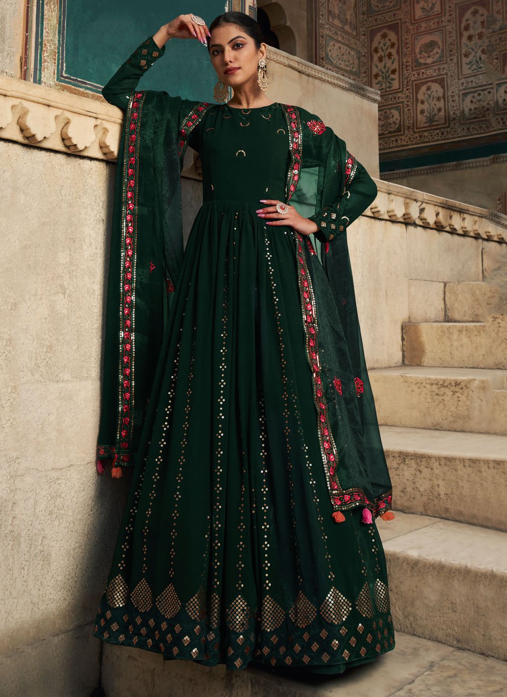 Gown Georgette Green Embroidered Gown