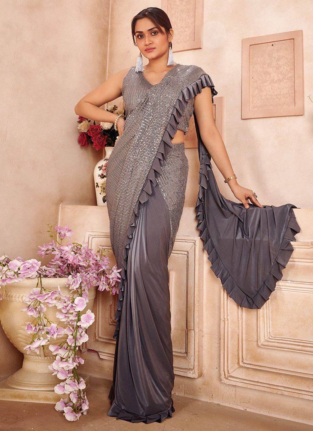 Classic Fancy Fabric Grey Sequins Saree