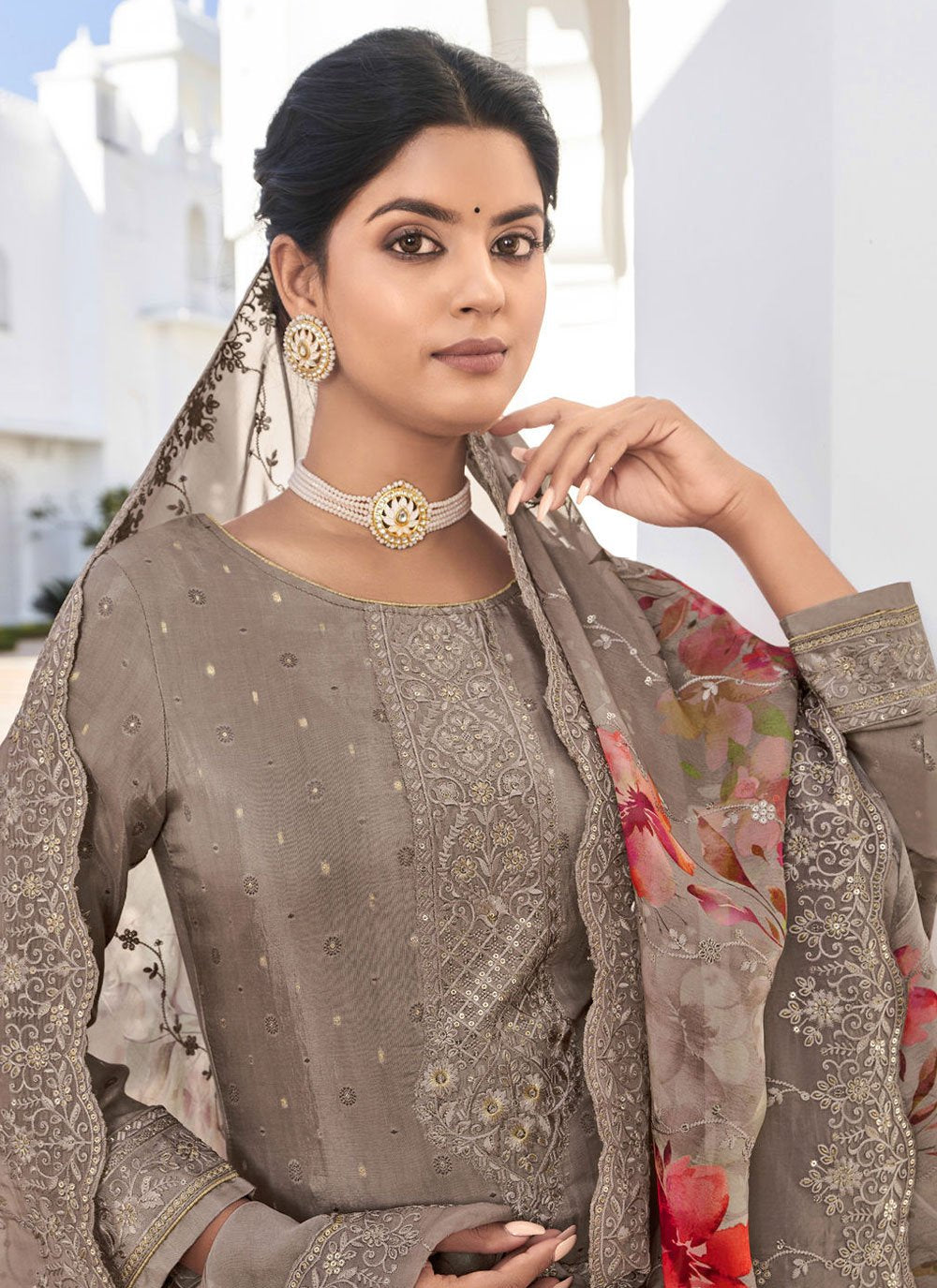 Floor Lenght Salwar Suit Georgette Grey Embroidered Salwar Kameez