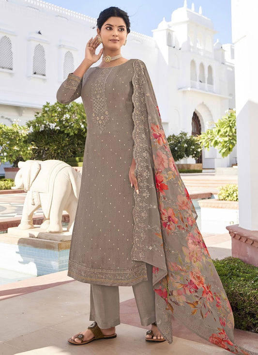 Floor Lenght Salwar Suit Georgette Grey Embroidered Salwar Kameez