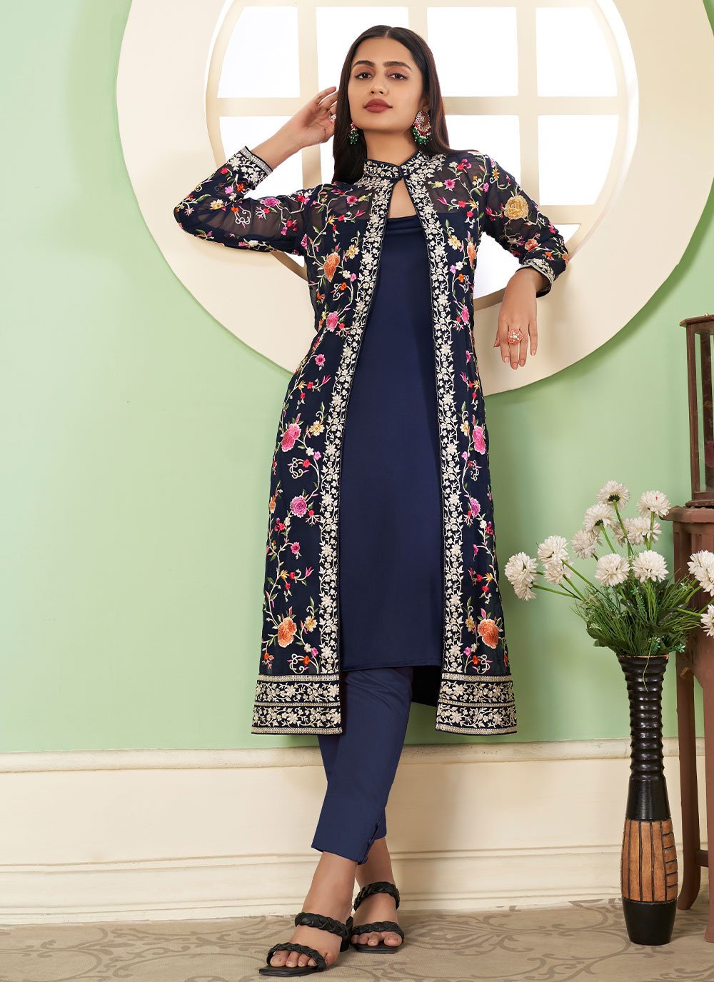 Jacket Style Suit Georgette Blue Embroidered Salwar Kameez