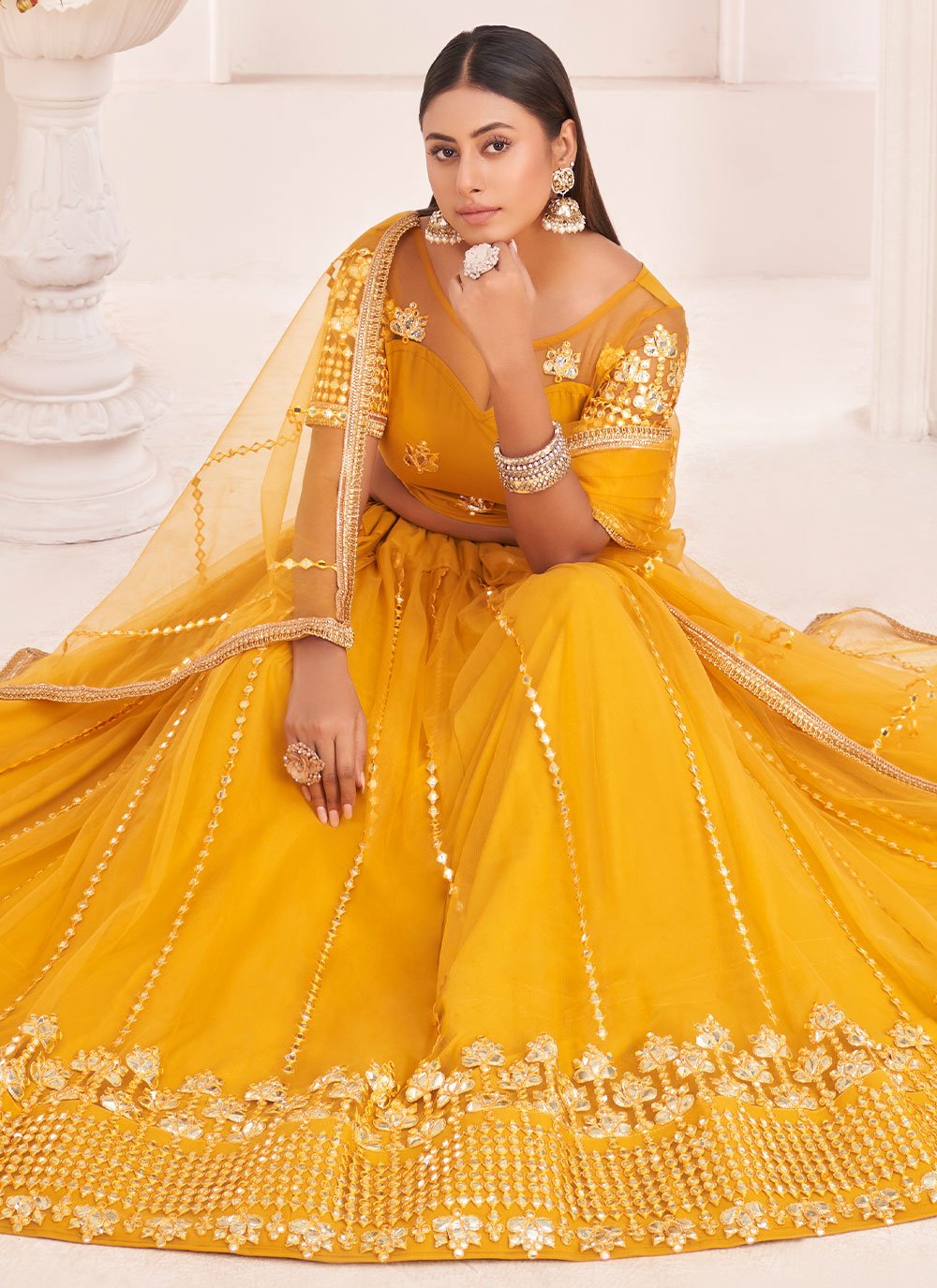 Lehenga Choli Net Mustard Embroidered Lehenga Choli