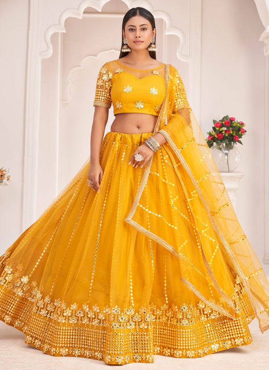 Lehenga Choli Net Mustard Embroidered Lehenga Choli