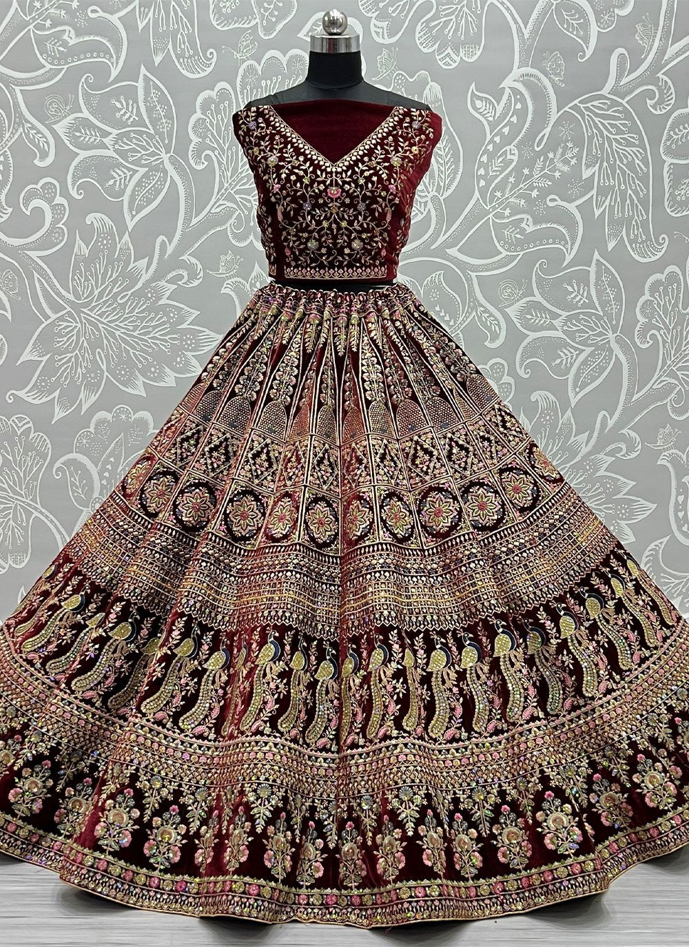 A Line Lehenga Velvet Magenta Embroidered Lehenga Choli