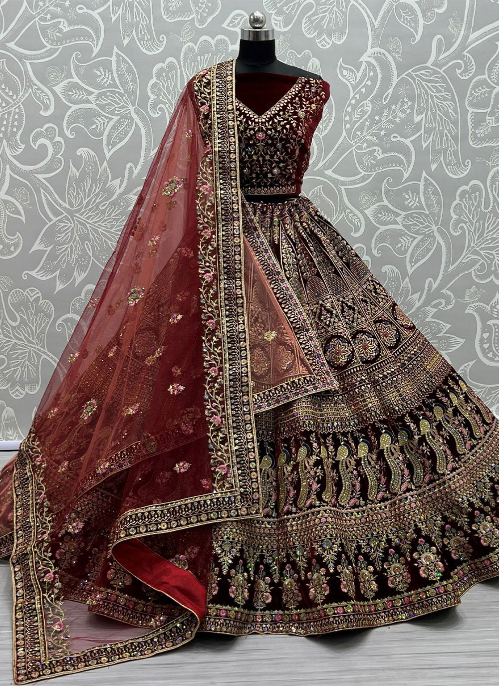 A Line Lehenga Velvet Magenta Embroidered Lehenga Choli