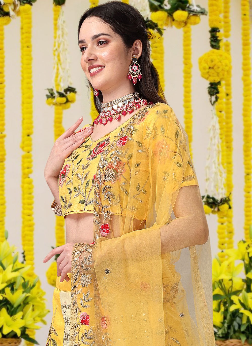 Lehenga Choli Satin Silk Yellow Embroidered Lehenga Choli