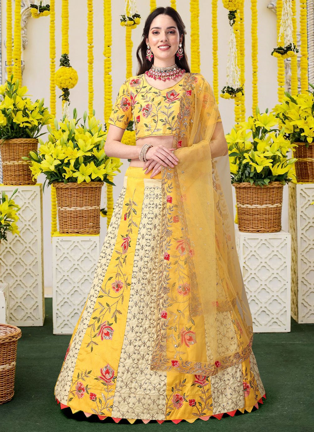 Lehenga Choli Satin Silk Yellow Embroidered Lehenga Choli