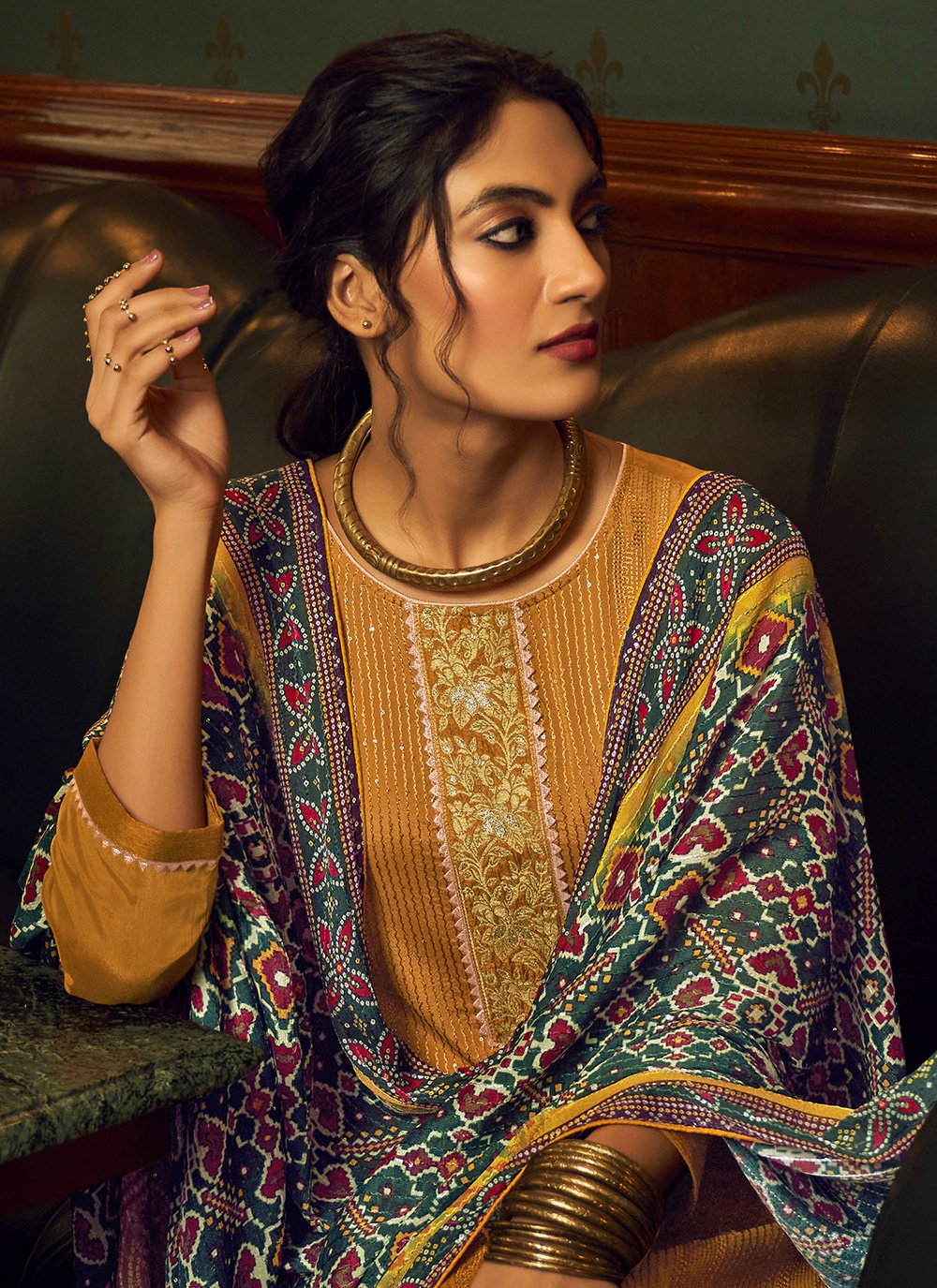 Floor Lenght Salwar Suit Chinon Mustard Embroidered Salwar Kameez