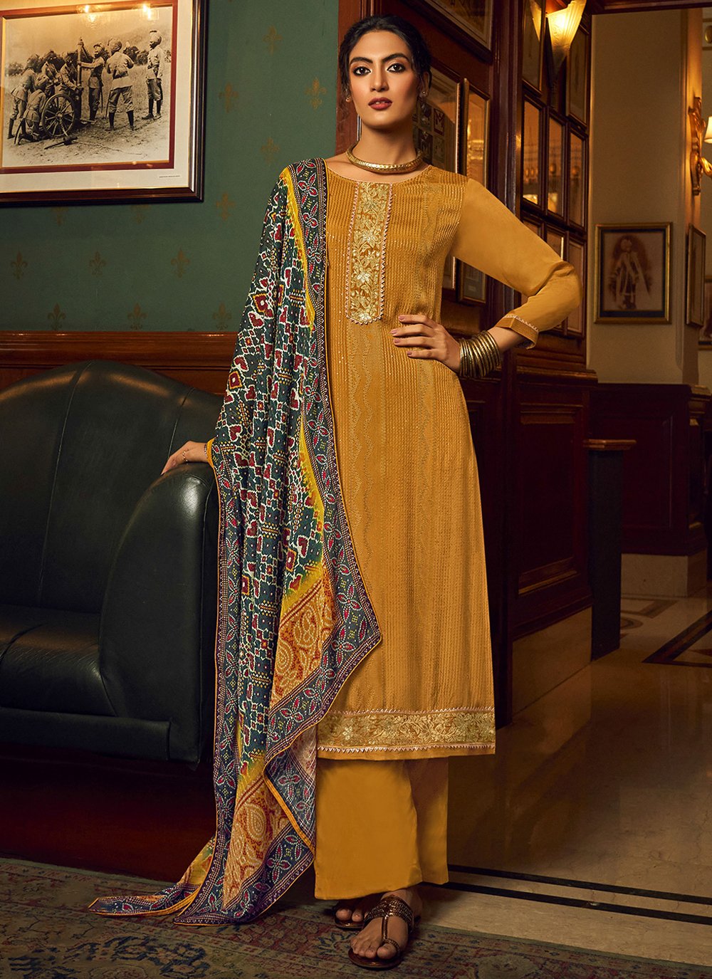 Floor Lenght Salwar Suit Chinon Mustard Embroidered Salwar Kameez