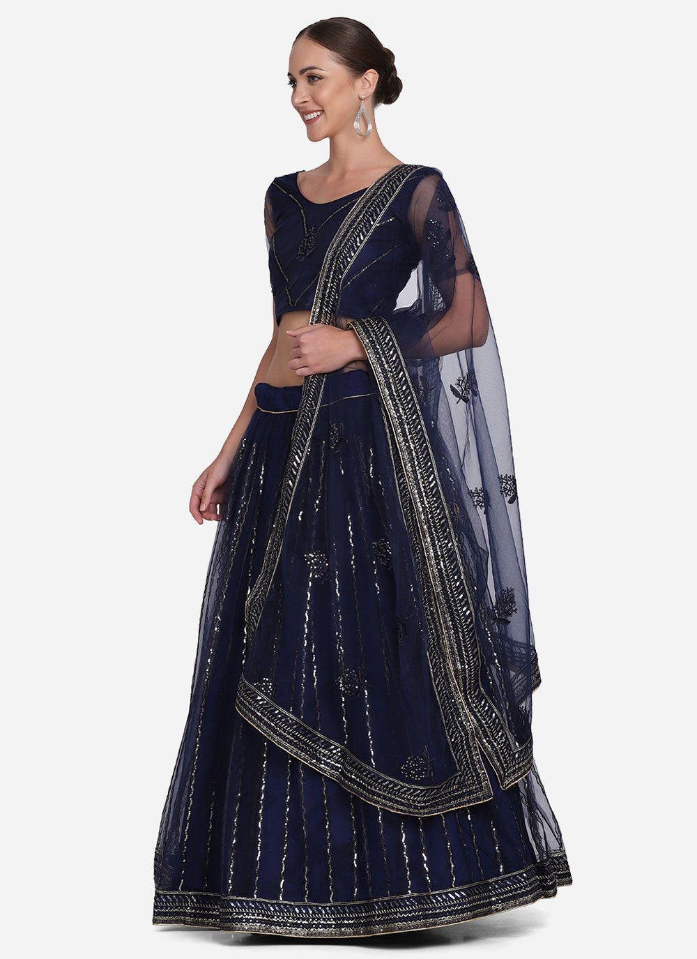 A Line Lehenga Net Blue Embroidered Lehenga Choli