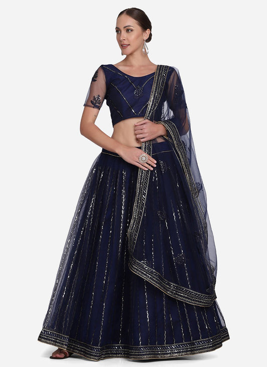 A Line Lehenga Net Blue Embroidered Lehenga Choli