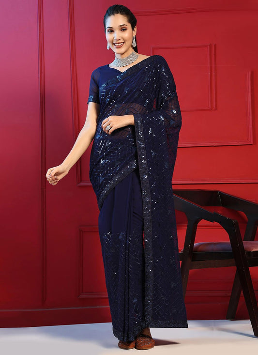 Contemporary Georgette Blue Embroidered Saree