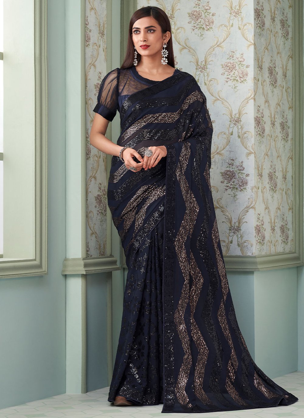 Classic Georgette Blue Sequins Saree