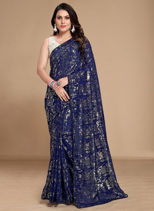 Contemporary Georgette Blue Sequins Saree