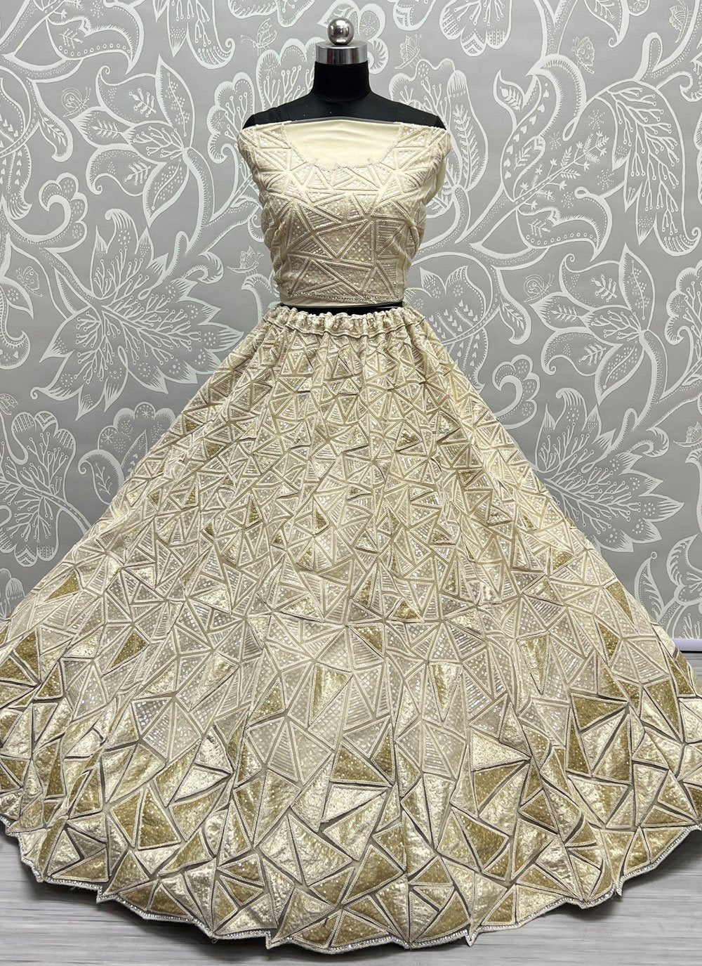 A Line Lehenga Net Cream Embroidered Lehenga Choli