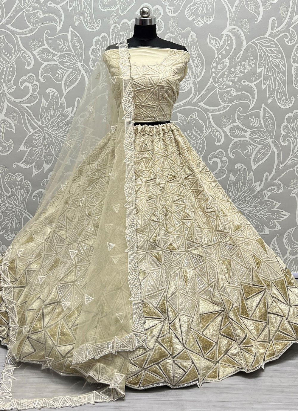 A Line Lehenga Net Cream Embroidered Lehenga Choli