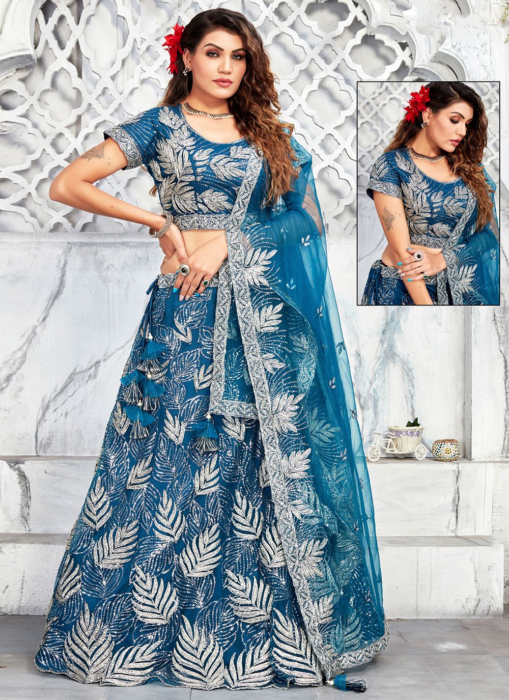 A Line Lehenga Net Silk Blue Embroidered Lehenga Choli