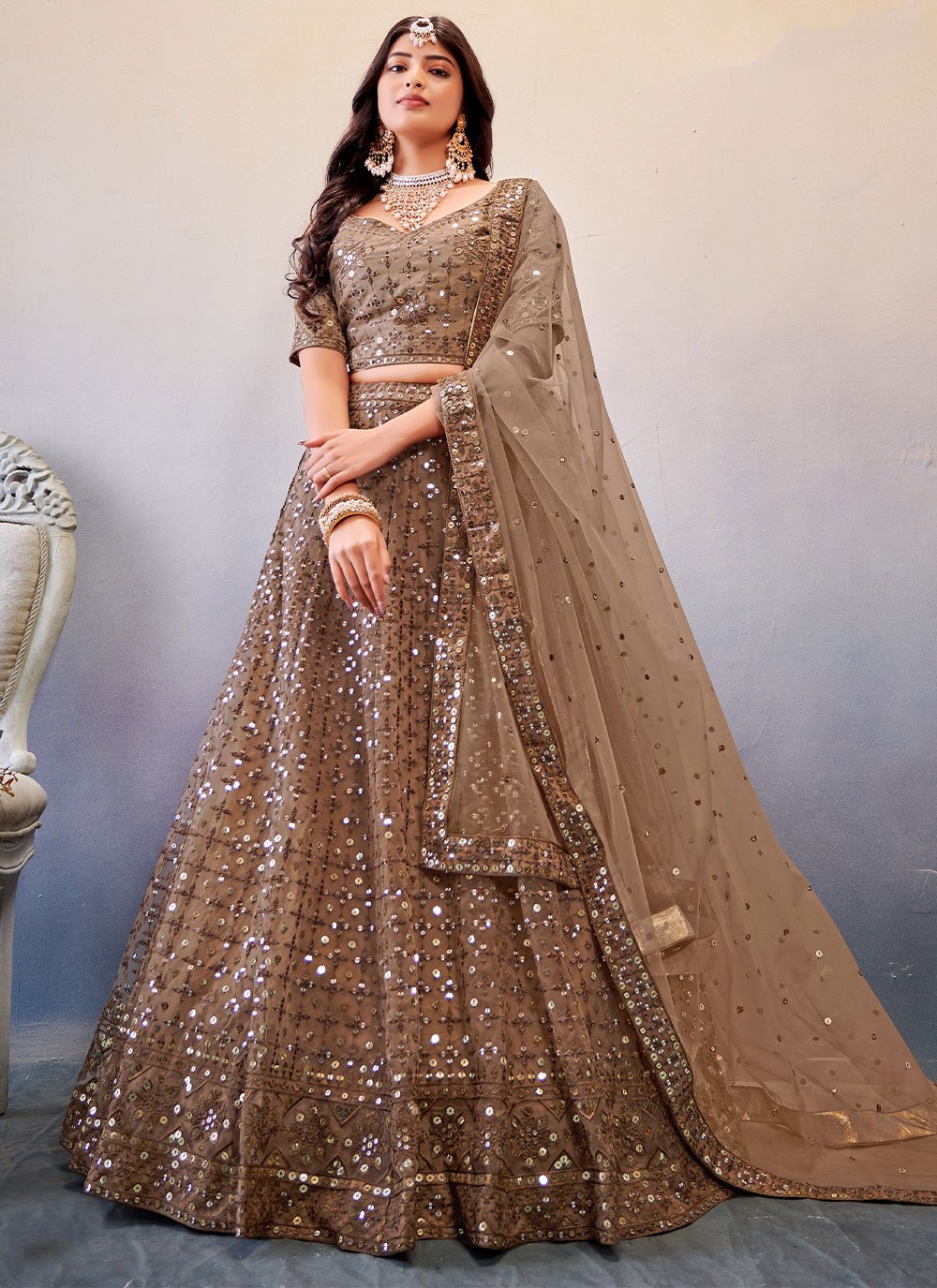 A Line Lehenga Net Brown Embroidered Lehenga Choli