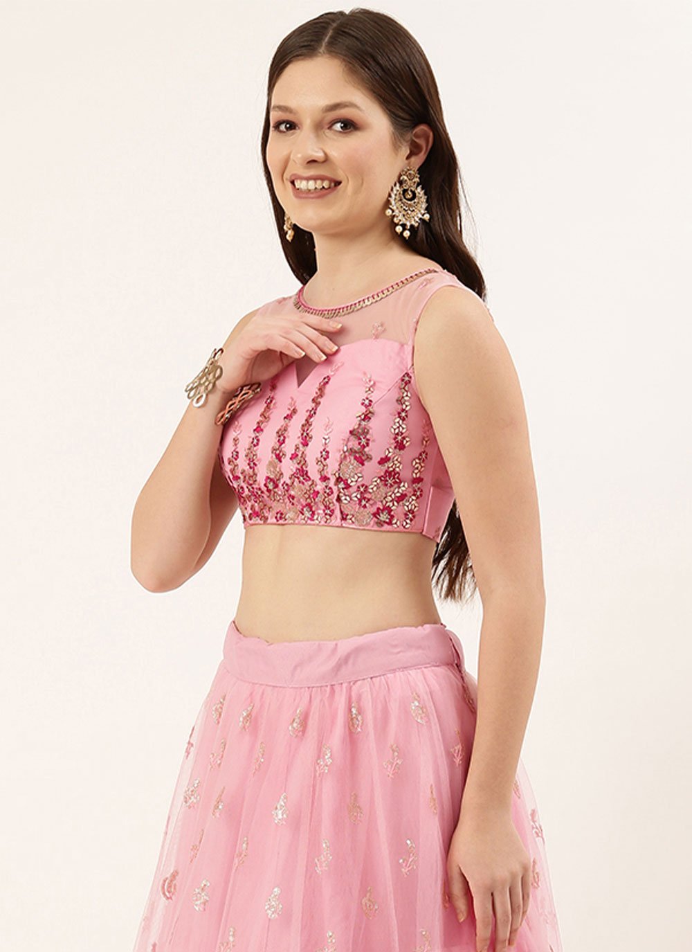 A Line Lehenga Net Pink Embroidered Lehenga Choli