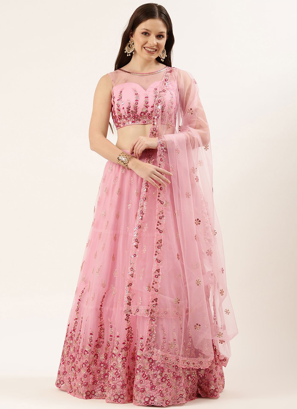 A Line Lehenga Net Pink Embroidered Lehenga Choli