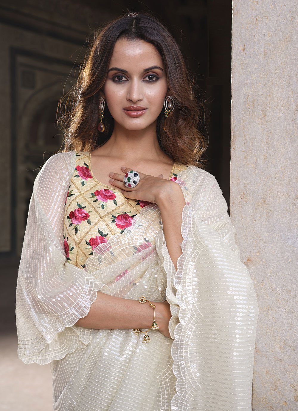 Contemporary Net Off White Embroidered Saree