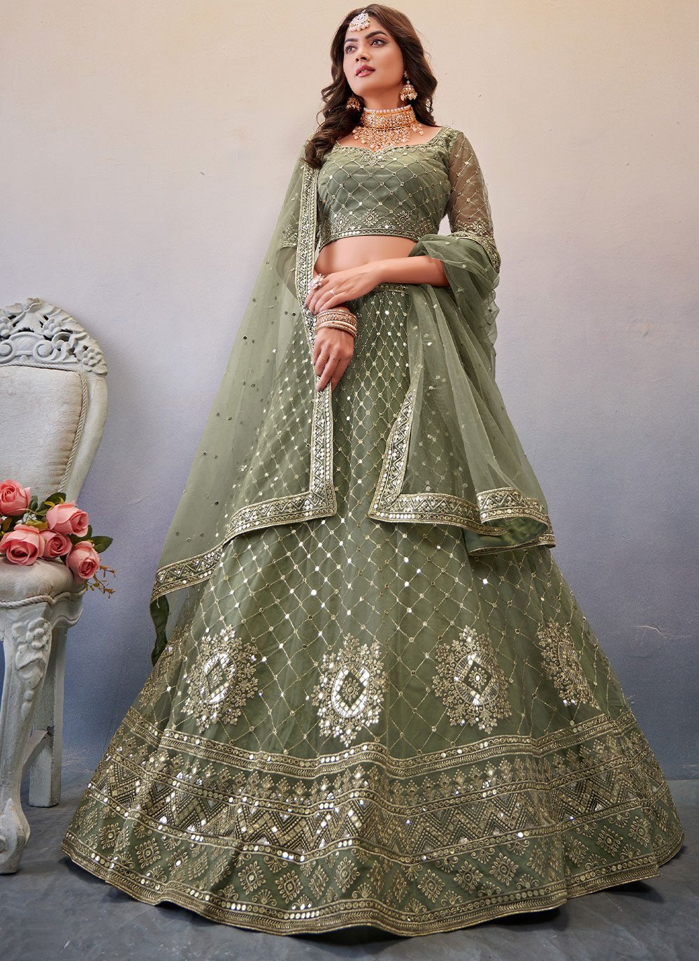 Lehenga Choli Net Rama Embroidered Lehenga Choli