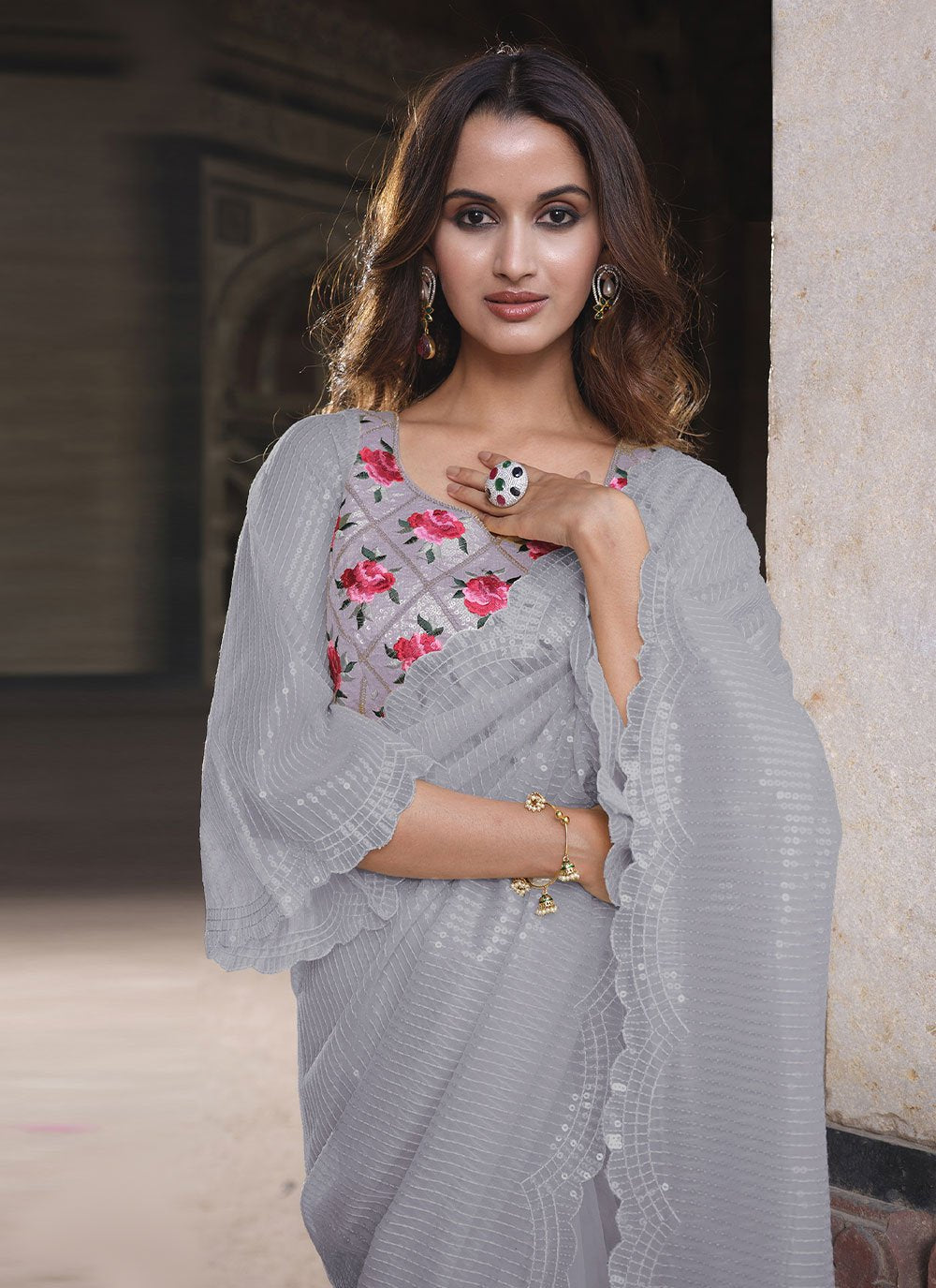 Trendy Saree Net Grey Sequins Saree