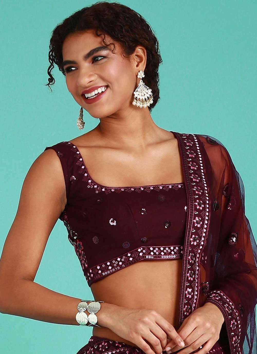 Lehenga Choli Net Wine Embroidered Lehenga Choli