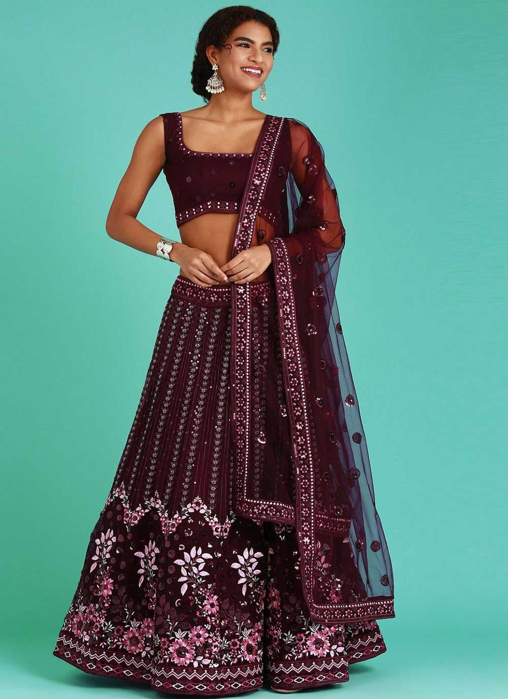 Lehenga Choli Net Wine Embroidered Lehenga Choli