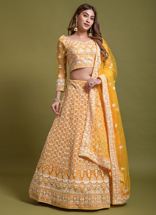 Lehenga Choli Net Yellow Embroidered Lehenga Choli