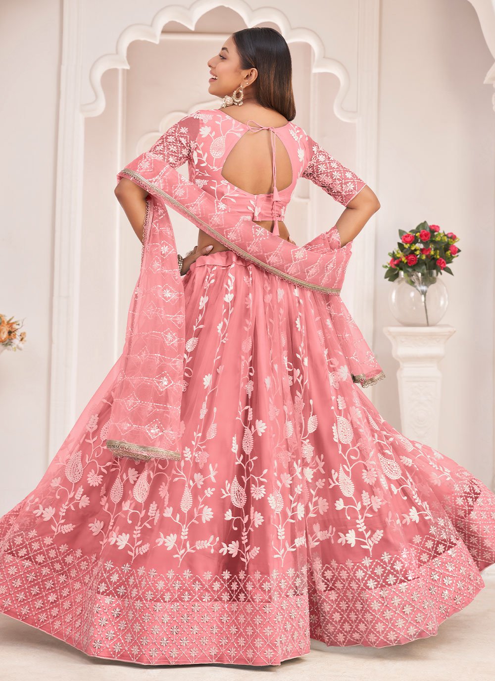 Lehenga Choli Net Pink Embroidered Lehenga Choli