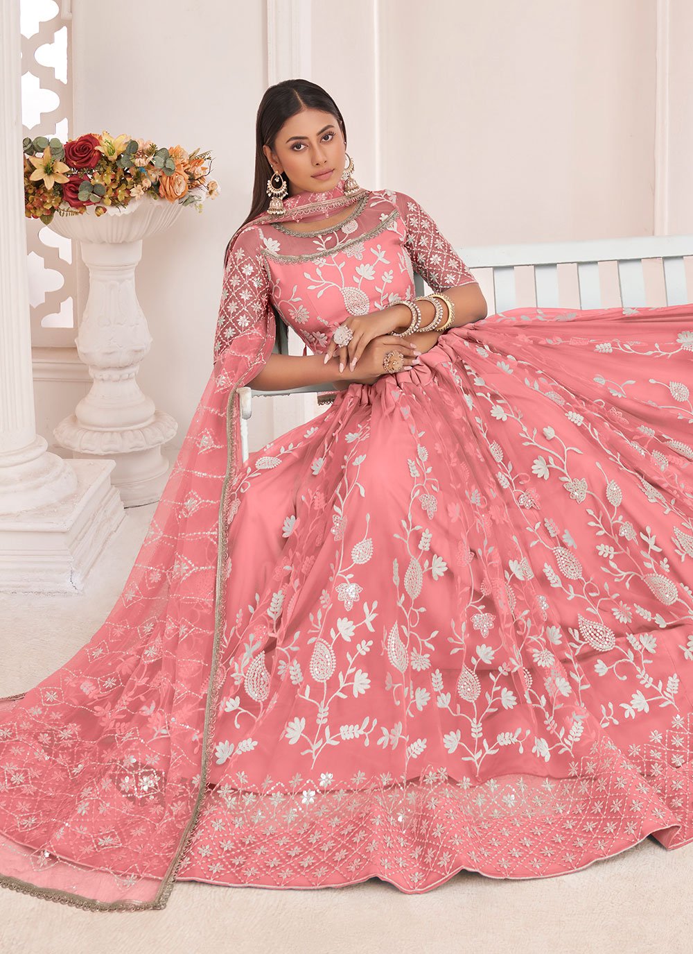 Lehenga Choli Net Pink Embroidered Lehenga Choli