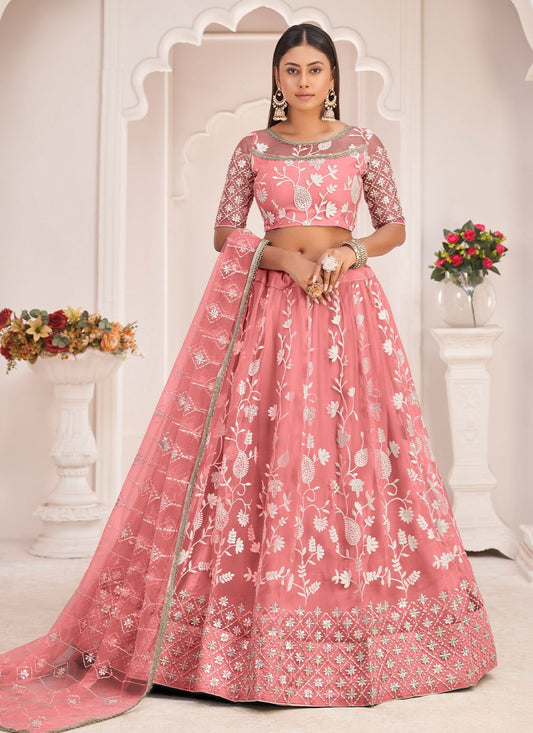 Lehenga Choli Net Pink Embroidered Lehenga Choli