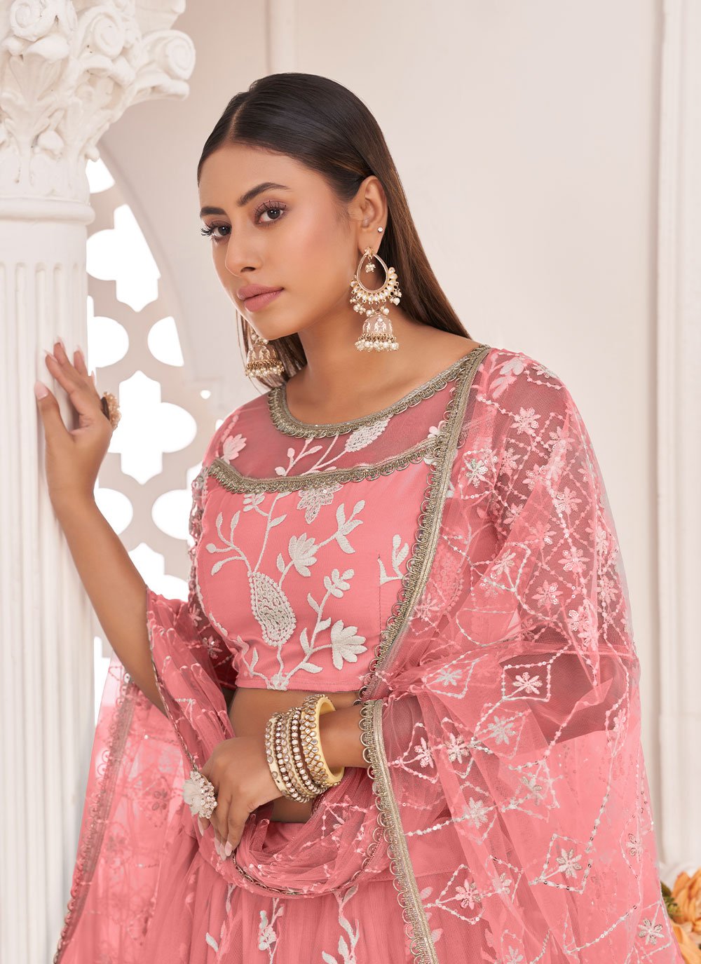 Lehenga Choli Net Pink Embroidered Lehenga Choli