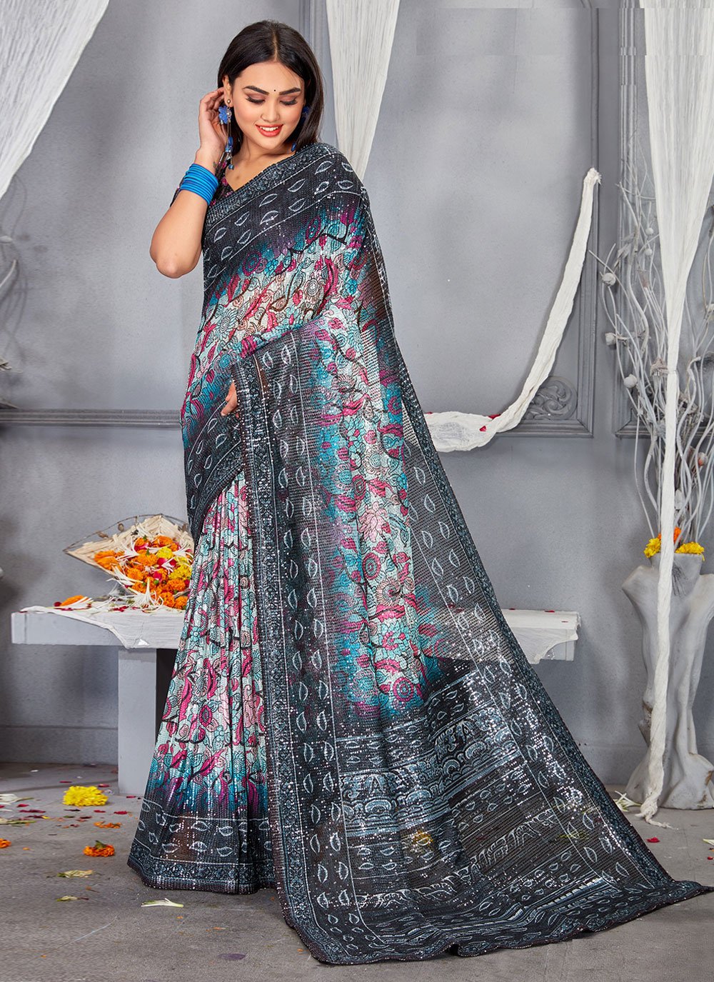 Classic Net Multi Colour Digital Print Saree