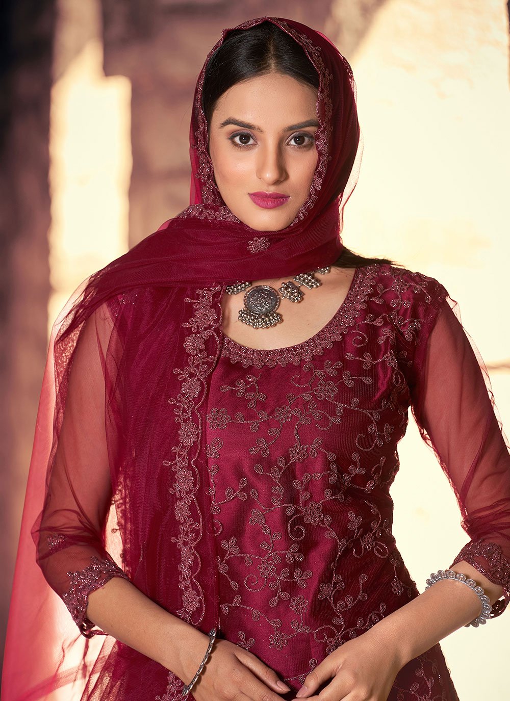 Salwar Suit Net Maroon Embroidered Salwar Kameez