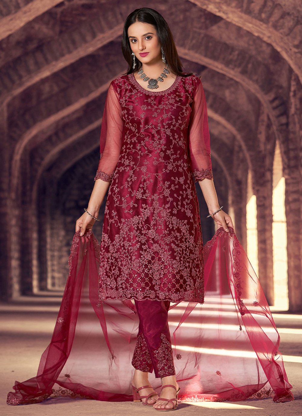 Salwar Suit Net Maroon Embroidered Salwar Kameez